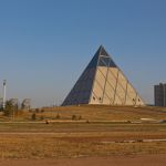 The sun paints the capital of Astana into warm yellow colors. Sunset in Astana